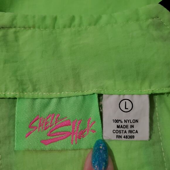 Shell Shock Vtg 90s Neon Green Nylon Tank Top Womens Size L Rave Hawaiian Gym - Picture 8 of 10